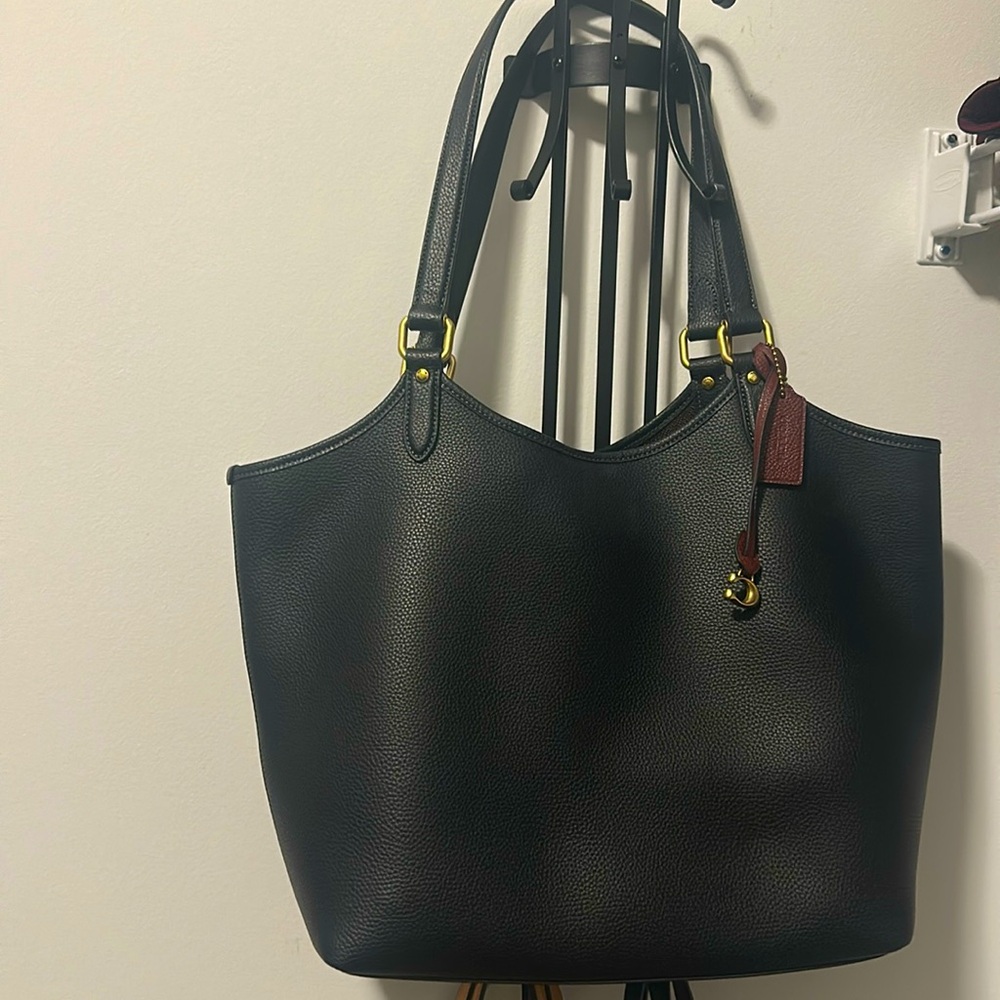 Coach Black Leather Tote with Brown Accent